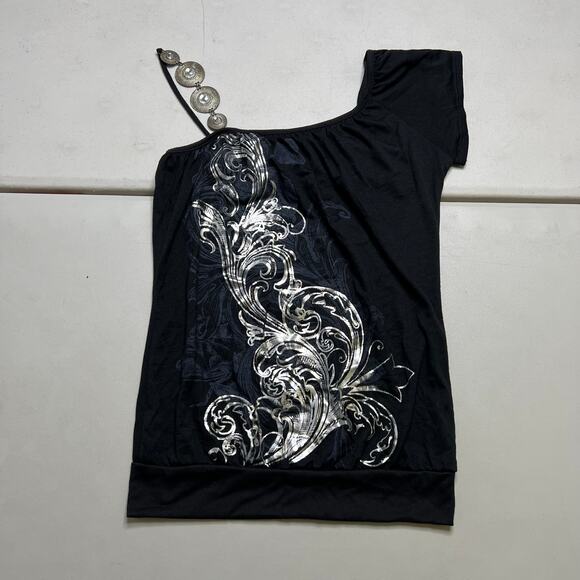Annabelle One Shoulder Black Top Beaded Strap Metallic Floral Print Women Small - Picture 9 of 10